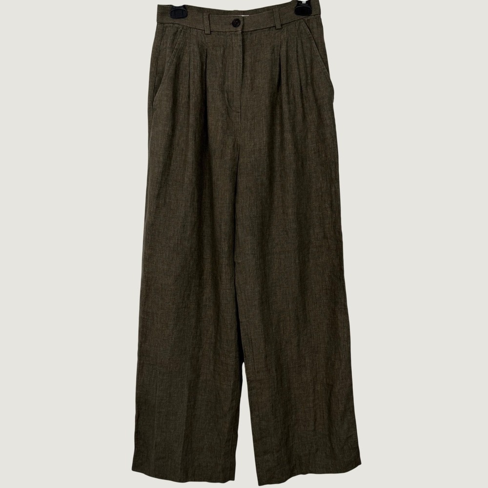 Banana Republic Womens 0 Soho Brown Olive 100% Linen Pleated Wide Leg Pants